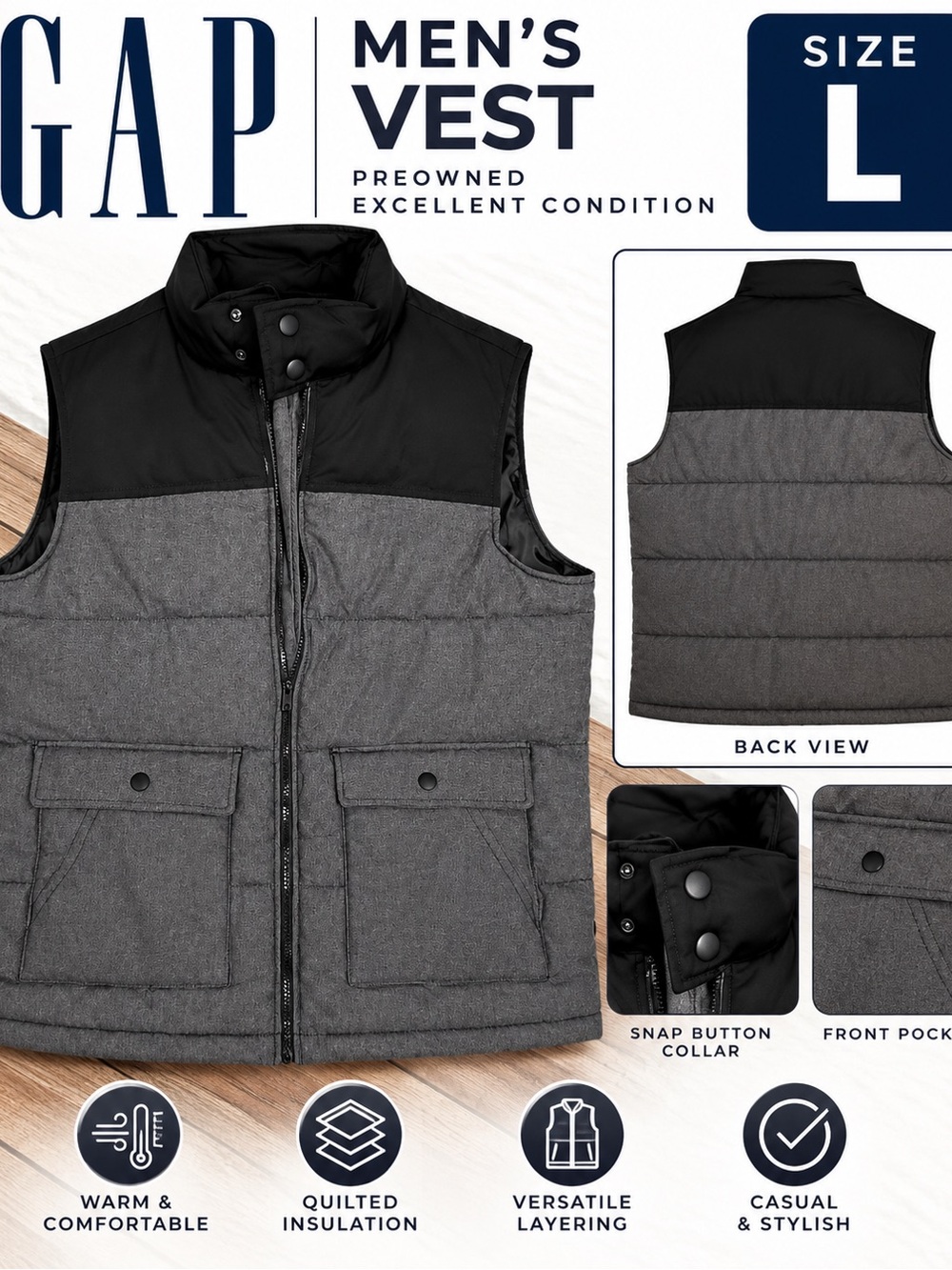 GAP Men's Quilted Puffer Vest in Gray and Black